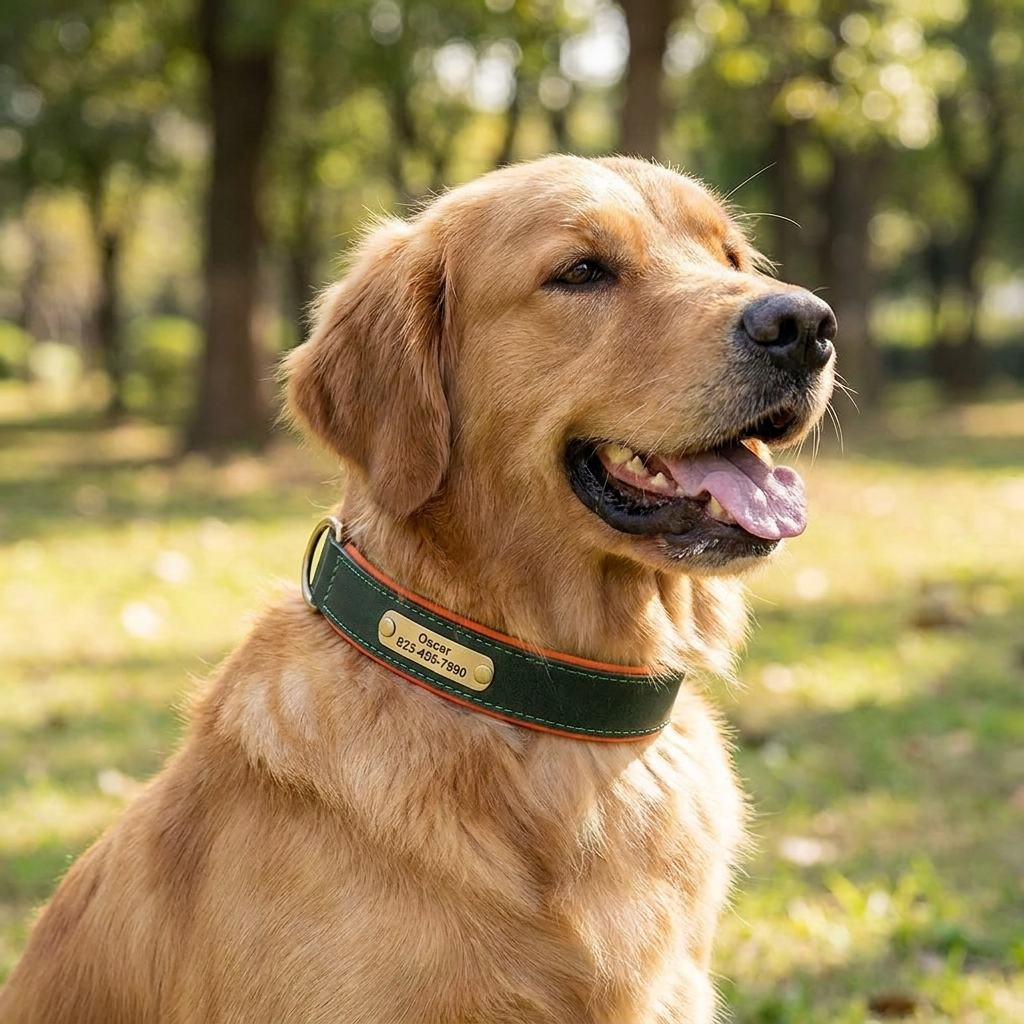 Lifestyle - Personalized Customized Leather ID Nameplate Dog Collar Soft Padded Dogs Collars Free Engraving Name