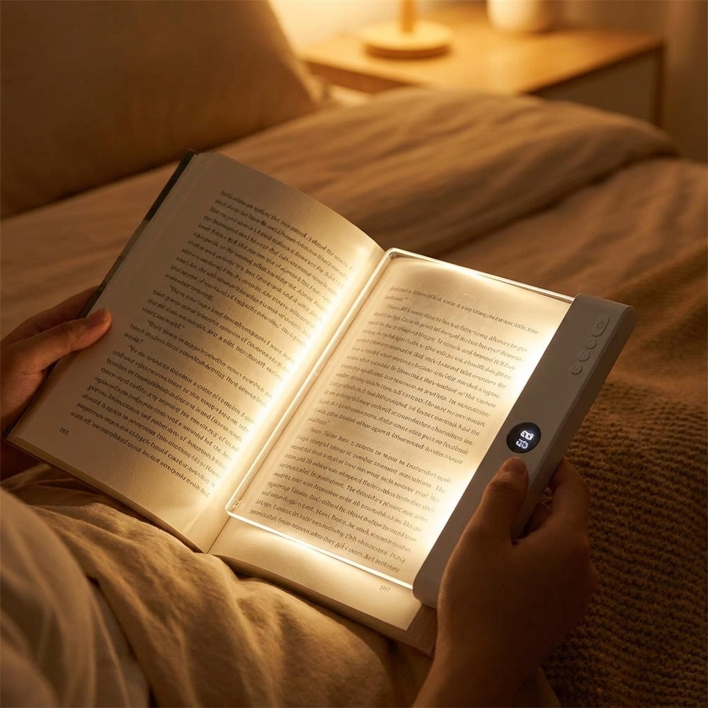 LED Flat Reading Light — flat panel on open book pages